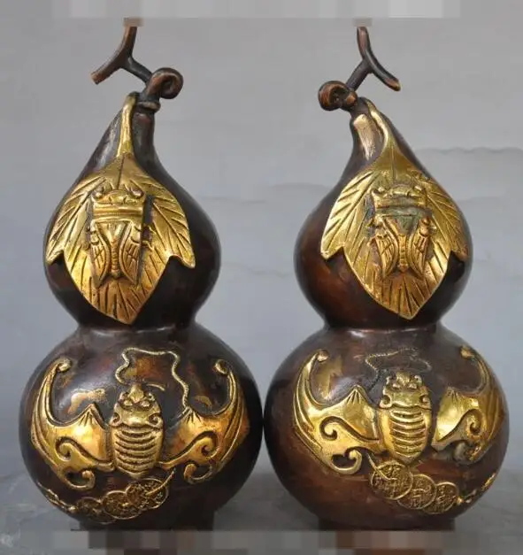 

S00624 9" china fengshui bronze wealth lucky coin Bat Insect Gourd Calabash Statue pair