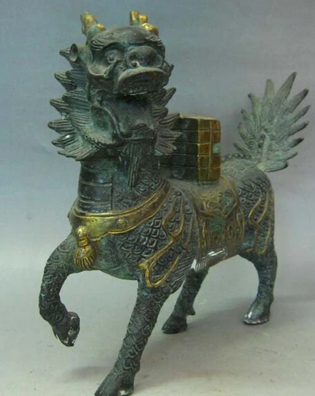 0 пара старый китайский позолоченный бронзовый защитник Kylin Chi Lin статуя|statue|statue