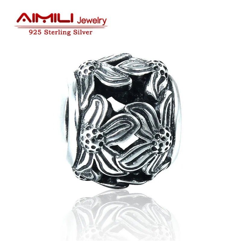 Стерлинговое Серебро винтажные Шарм-бусины в виде цветка подходят европейские