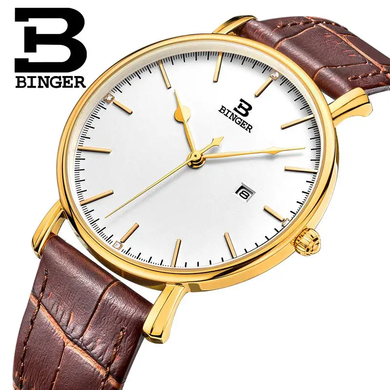 

Switzerland BINGER men watches luxury brand quartz leather strap ultrathin Complete Calendar Wristwatches Waterproof B3053M-4