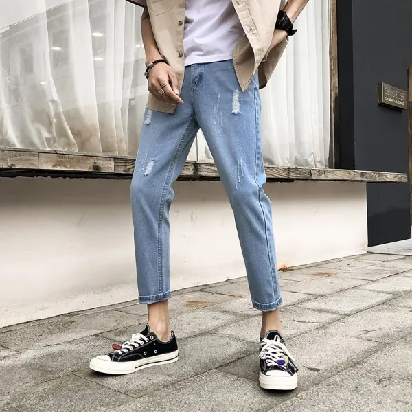 C113 Blue Корейские летние повседневные джинсы мужские брендовые новые Стрейчевые мужские байкерские Джинсы зауженные по щиколотку рваные джинсы для мужчин одежда 36-28 - Цвет: C113 Blue