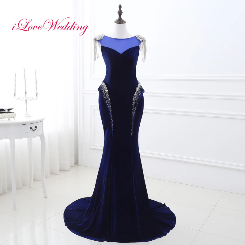 Женское вечернее платье с юбкой годе синее велюровое облегающее глубоким