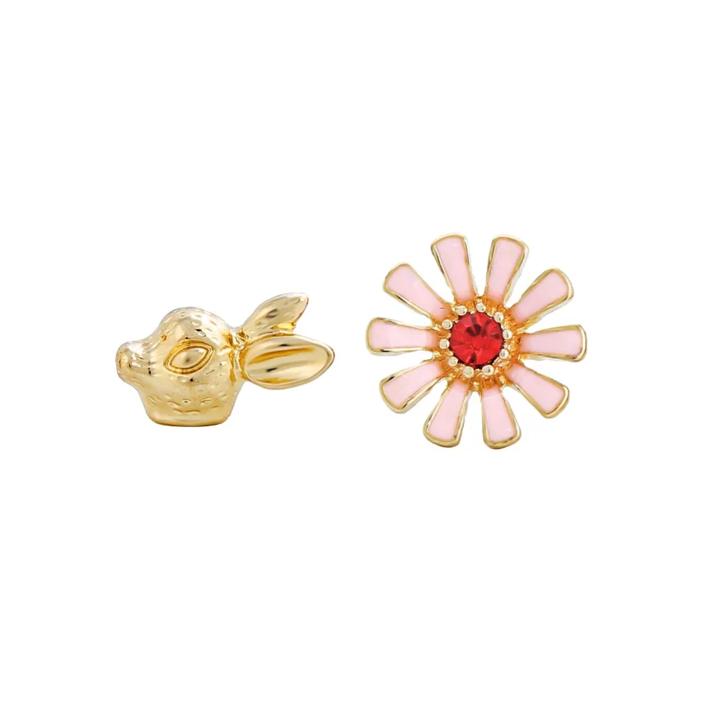 Asymmetric Enamel Pink Blue Flower Rabbit Stud Earrings Sweet Cute Alloy Gold Color Small for Women Girls Gifts | Украшения и