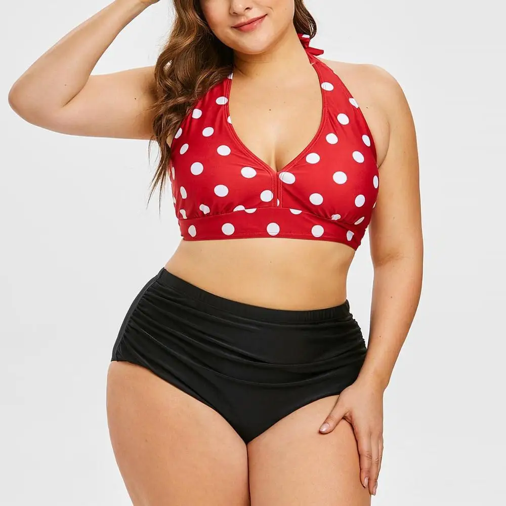 2019 Women swimwear Summer Plus Size maternity Ladies large Wave Dot Print Hanging Neck Straps Split Swimsuit A1 |