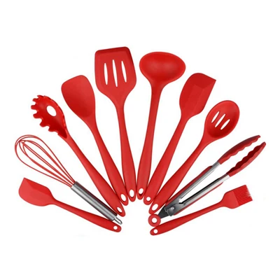 10pcs Red Силиконовые антипригарные кухонные принадлежности набор инструментов термостойкая ложка лопатка венчики для яиц кухонная посуда гаджеты аксессуары - Цвет: 10pcs Red