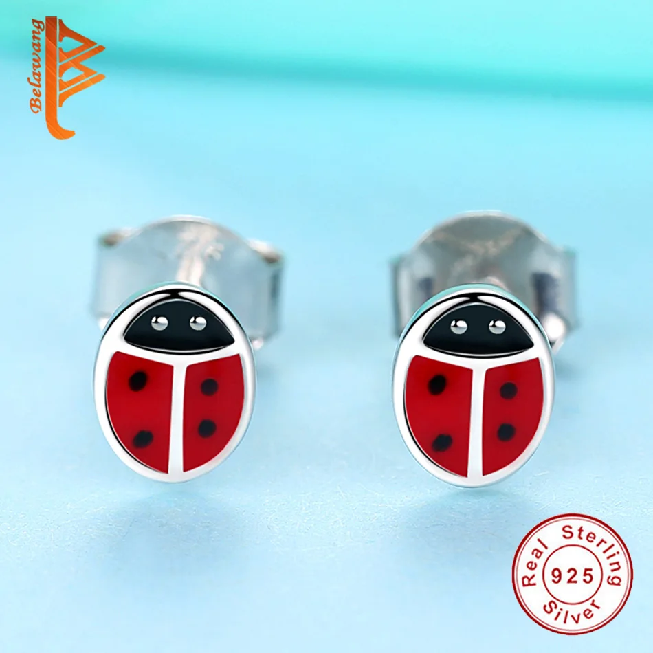 Женские серьги гвоздики с божьей коровкой BELAWANG из серебра 100% пробы милыми