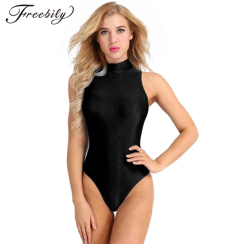 

Women Adult One-piece Swimsuits Sleeveless Round Neck Stretch Solid High Cut Back Zipper Dance Leotard Bodysuit Bathing Suits