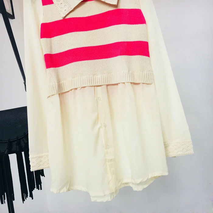 2018 осень и зима новые студенты полосатый свитер шить рубашка корейский длинный