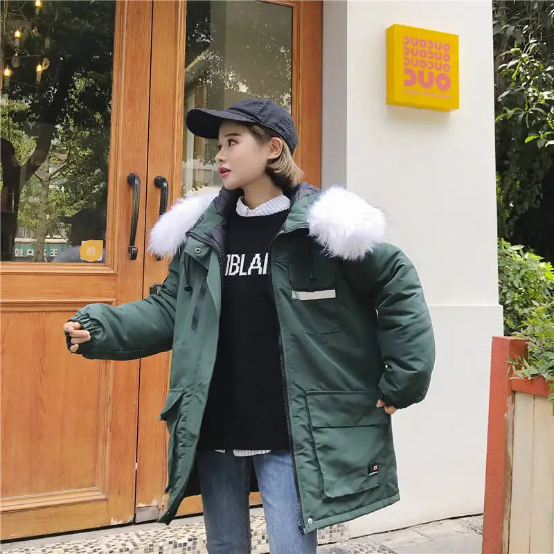 green Fur collar Зимнее женское пальто, корейский стиль, новинка, BF, свободная, рабочая, хлопковая одежда, куртка, женская, утолщенная, Harajuku, большой меховой воротник, парка, X167 - Цвет: green Fur collar