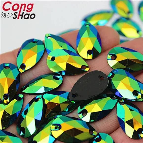 Blue green AB Cong Shao 100 шт 10*18 мм, форма в виде капли, черные кристаллы, AB Стразы, Пришивные с плоским основанием, 2 отверстия, камни из смолы для самостоятельного изготовления свадебного платья WC765 - Цвет: Blue green AB