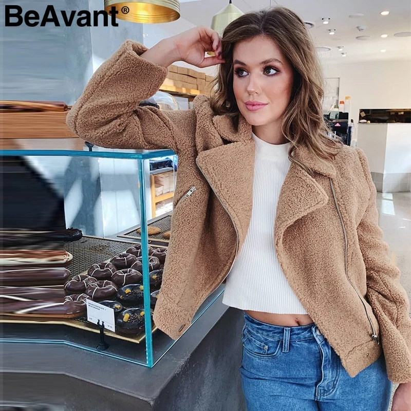 BeAvant зимняя женская куртка из овечьего меха, пальто, меховая верхняя одежда с отложным воротником, осенние куртки на молнии, женская короткая верхняя одежда без рукавов
