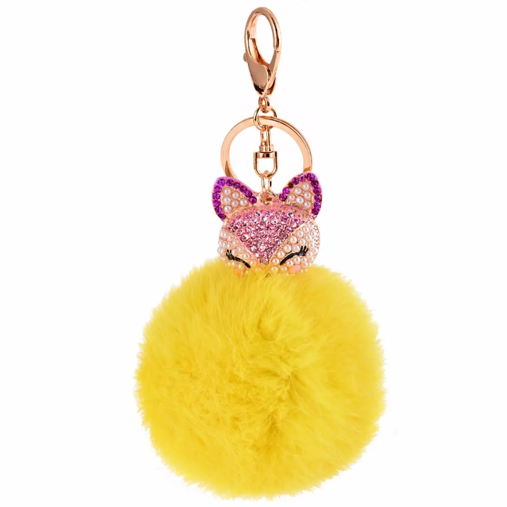 11-color rhinestone fox head 8cm rabbit fur ball keychain cartoon women bag car key pendant charm Crystal ring | Украшения и