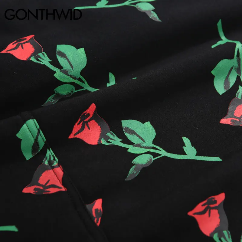 GONTHWID красная роза полный печатных вышивка худи с надписью мужские хип хоп