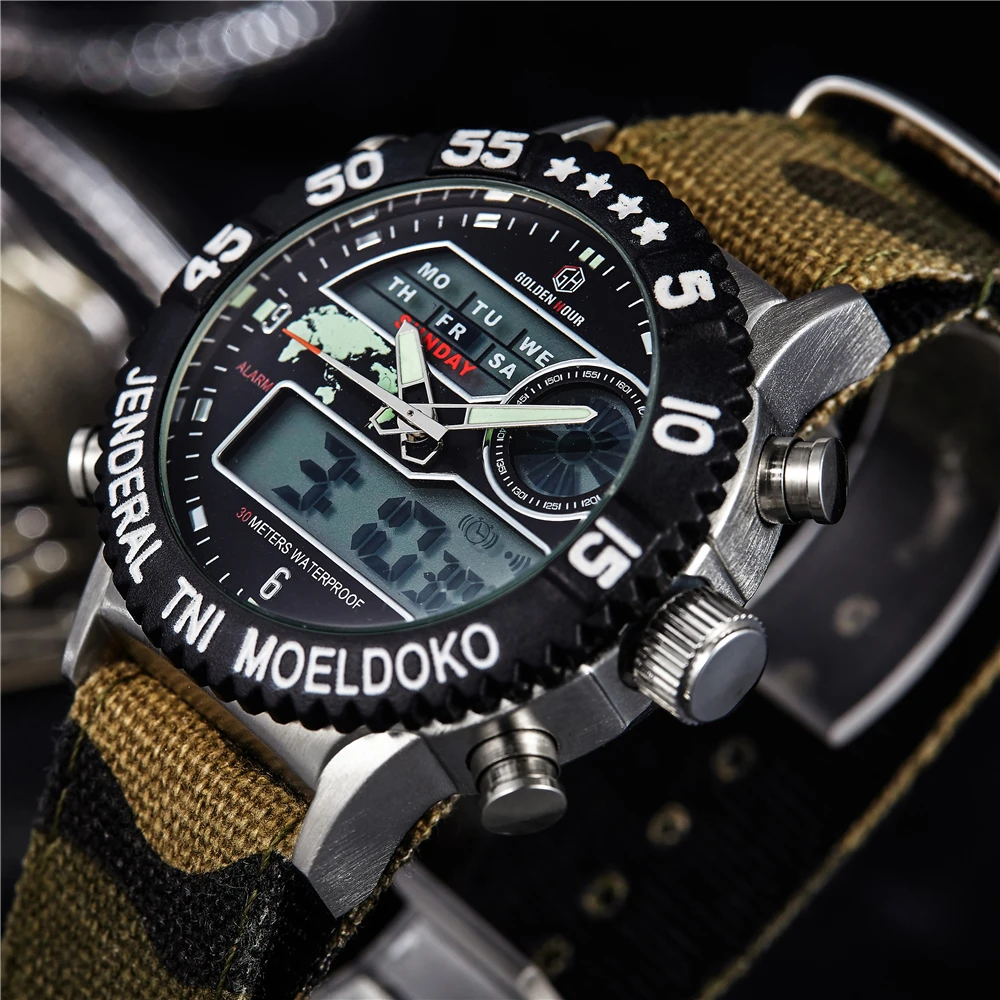GOLDENHOUR Лидирующий бренд водонепроницаемые военные спортивные часы камуфляж