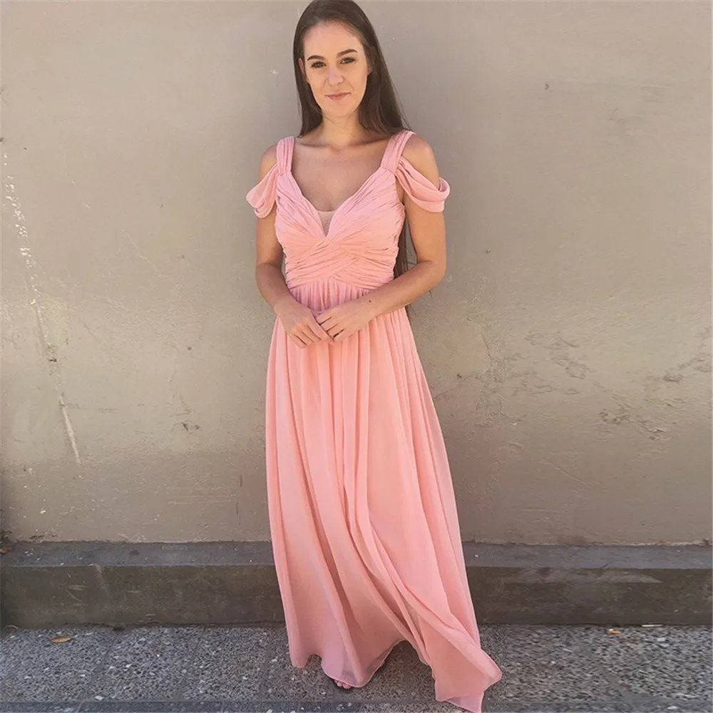 

Lovely Pink Pleat Chiffon Bridesmaid Dresses A Line Floor Length Elegant Long Party Gowns 2019 Cheap Maid Of Honor Dress