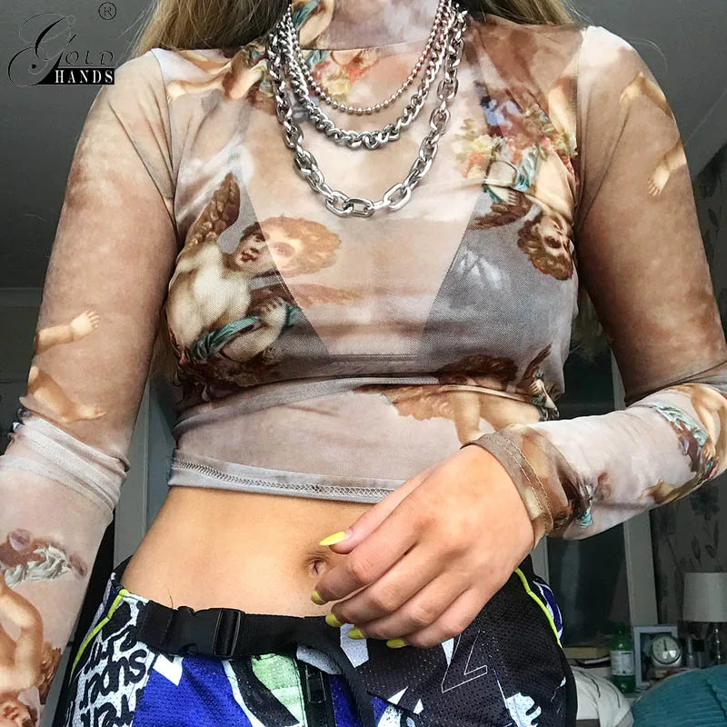 Футболка с длинным рукавом и принтом женская летняя уличная o-образным вырезом |