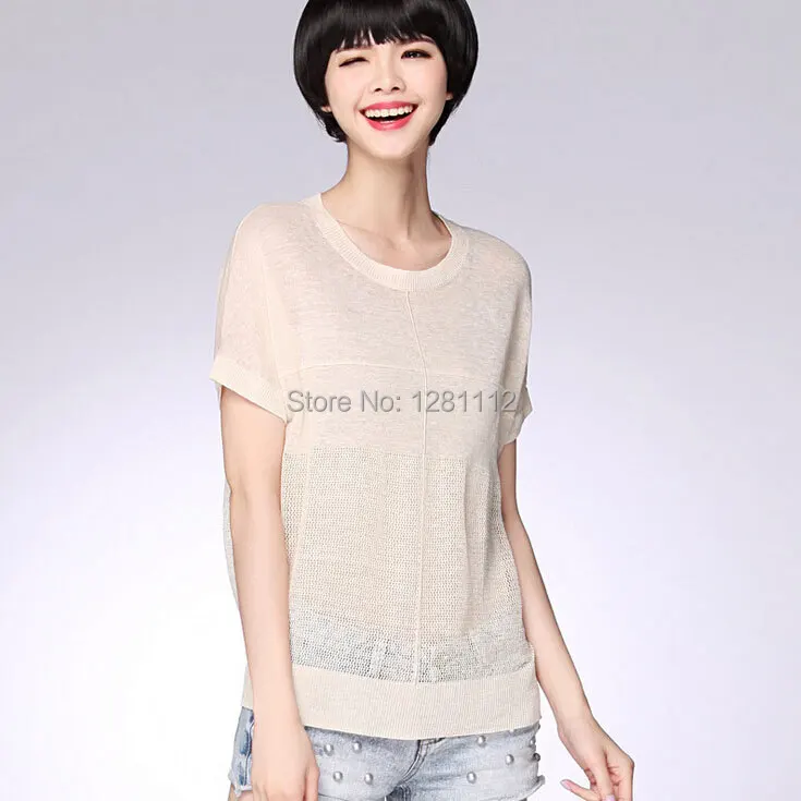 2015 Summer Transparent Sexy Women Tee Model Show Cool Knit Tops Short Sleeve Blouse Round Collar Loose Hollow Out Linen T-Shirt | Женская