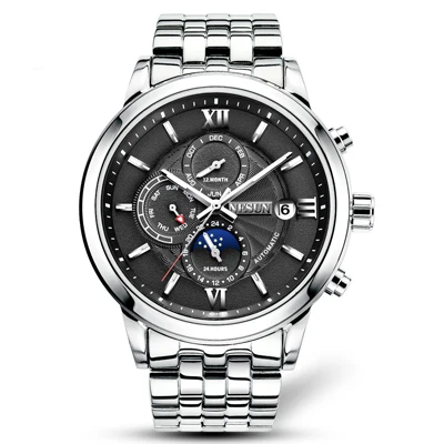 silver-black-mesh Nesun автоматические механические часы для мужчин люксовый бренд водонепроницаемые часы из нержавеющей стали Элитный бизнес стиль подарок для мужчин скелет - Цвет: silver-black-mesh