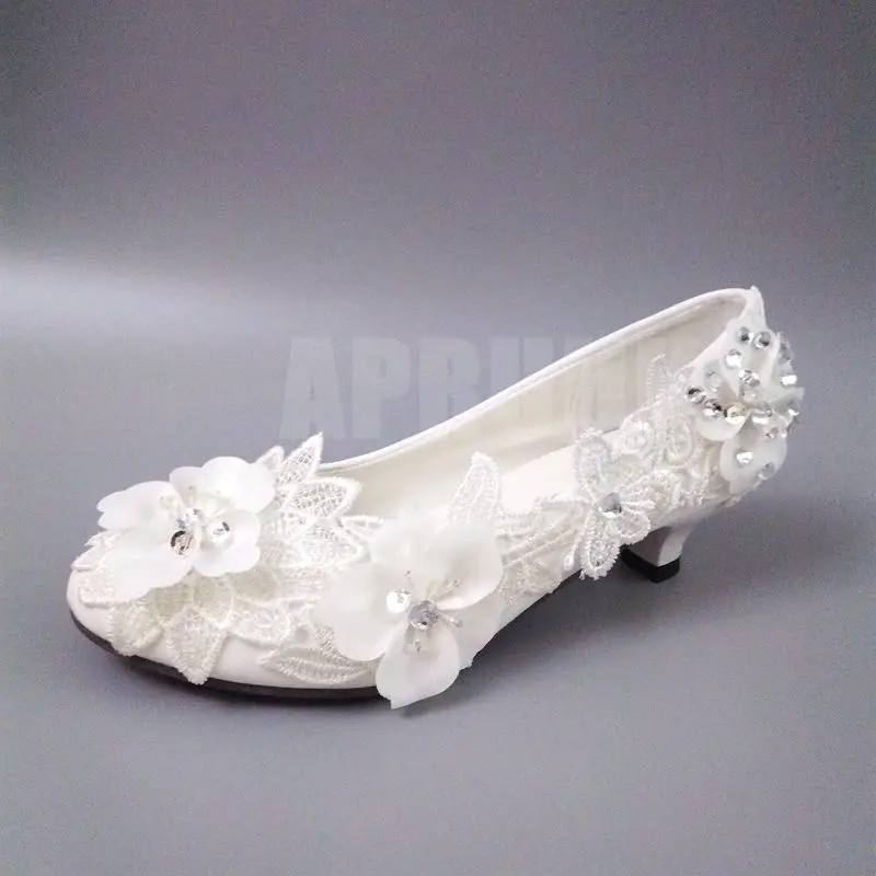 

3CM mini heel white lace flowers bridal wedding shoes bride handmade luxury unique designer bridal bridesmaid girls proms pumps