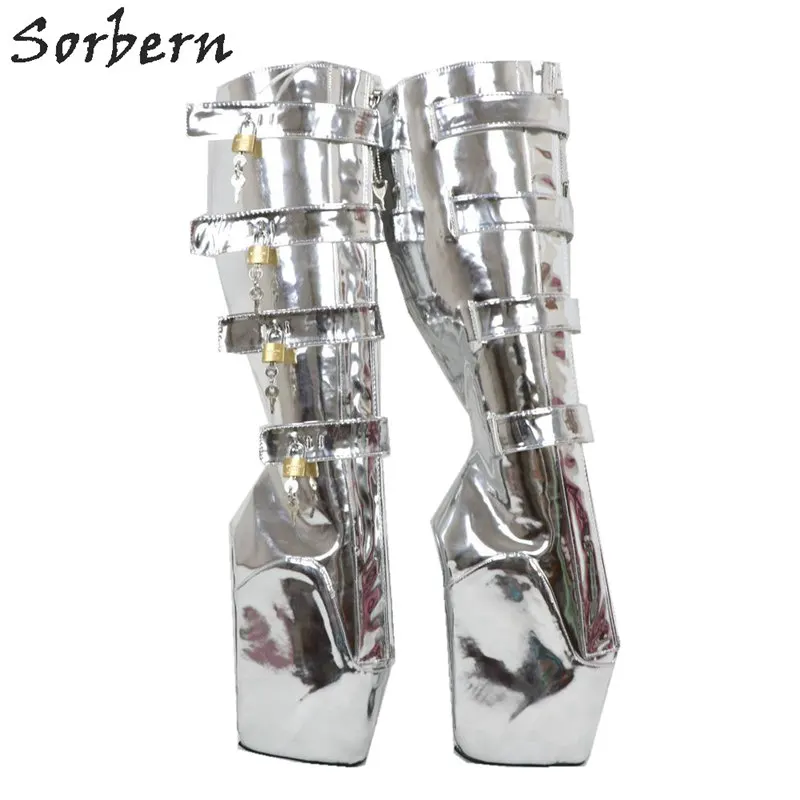 Женские сапоги с металлическим блеском на танкетке 8 замков | Обувь