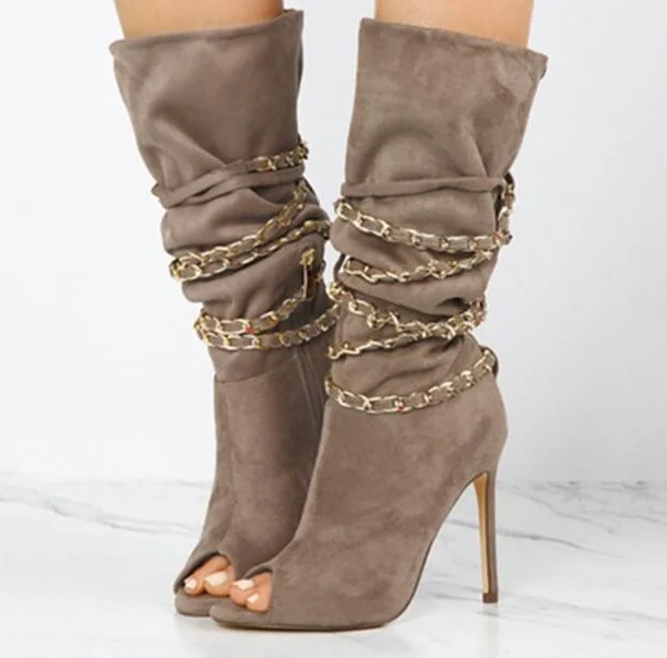 

Бесплатная доставка, новинка весны 2019, брендовые Женские однотонные серые и Черные полусапожки на молнии с цепочками, боковые полусапожки с открытым носком на тонком каблуке