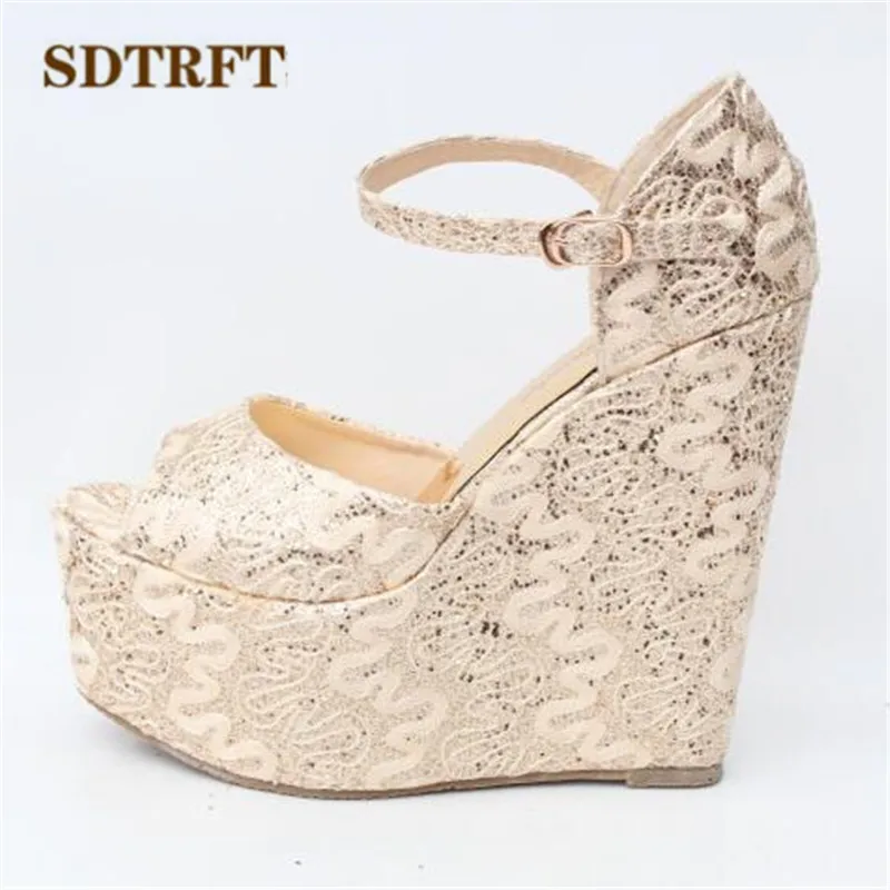 

SDTRFT Stiletto 15cm Wedges sandals Peep toe high-heeled shoes woman Buckle Lace pumps zapatos mujer Small yards:30 31 32 33-43