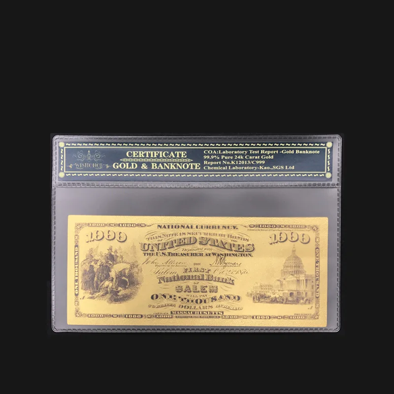 Сувенирный подарок на 1875 год Америки - банкноты из фальшивой бумаги на 1000 долларов с золотым покрытием в пластиковой рамке для коллекционирования.