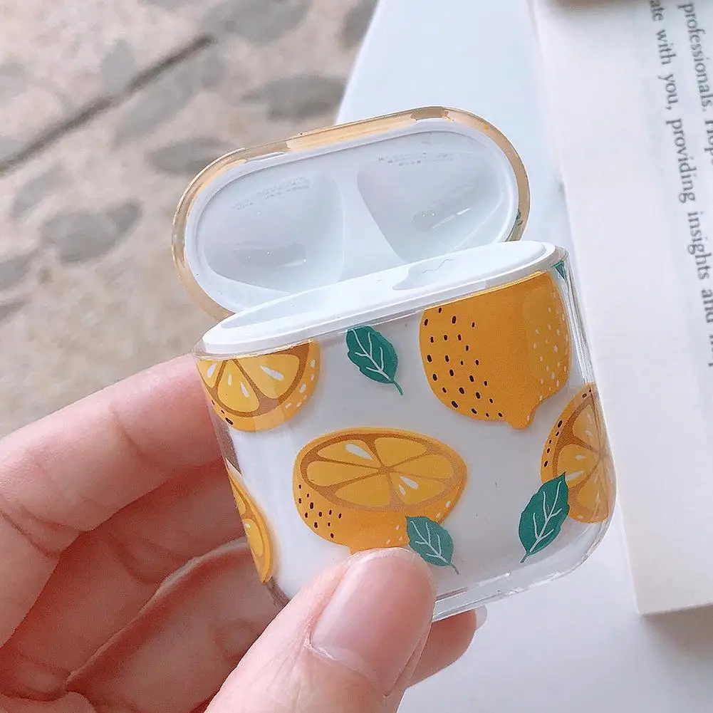 Защитный чехол для Airpods прозрачный лимон клубника с узором беспроводные Bluetooth