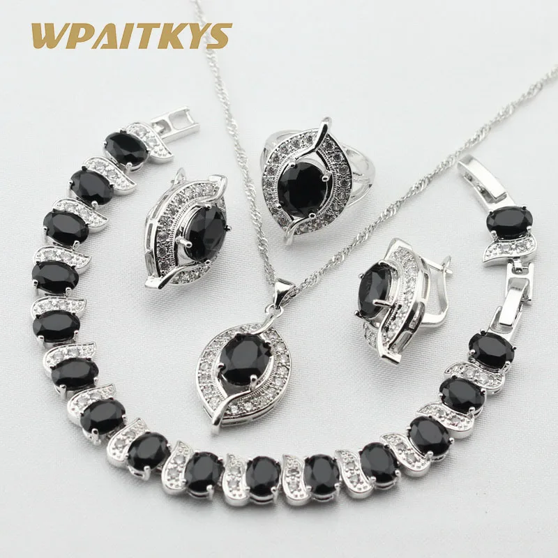 

Black Stones White CZ Silver Color Jewelry Sets For Women Earrings Bracelet Rings Necklace Pendant Free Gift Box