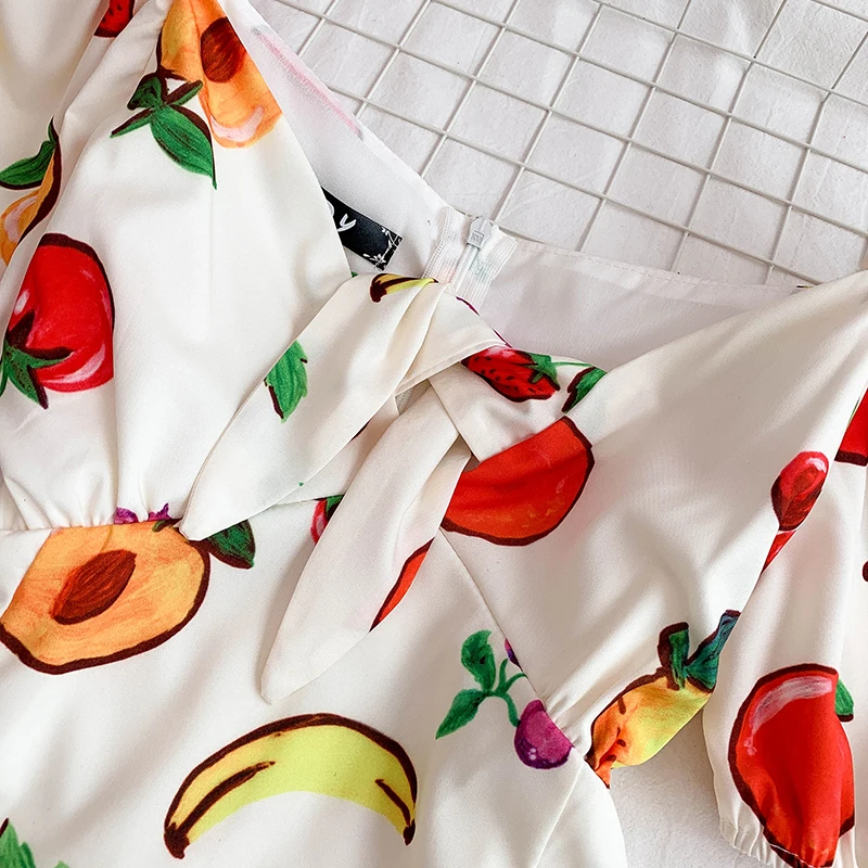 2019 Новое модное женское платье Сладкие Фрукты Арбуз клубника вишня принт v