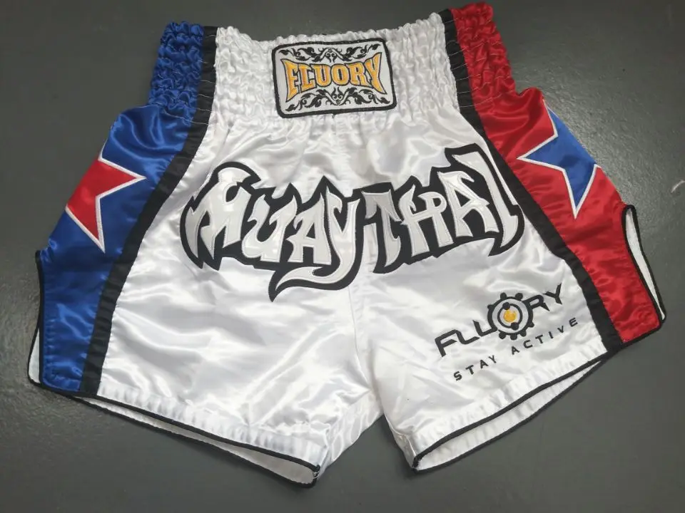 Белый Fluory боксерские шорты для тайского бокса fightwear синие и красные звезды на заказ Муай Тай шорты - Цвет: Белый