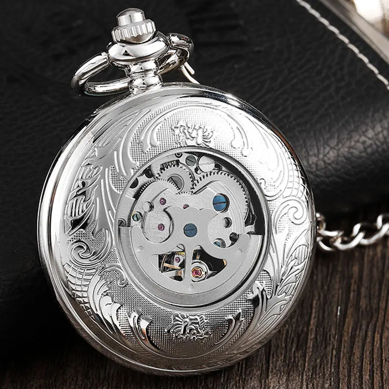 Vintage Silver Delicate Engraved Case Steampunk Hand Wind Mechanical Pocket Watch Necklace With Chain Skeleton For Men Women