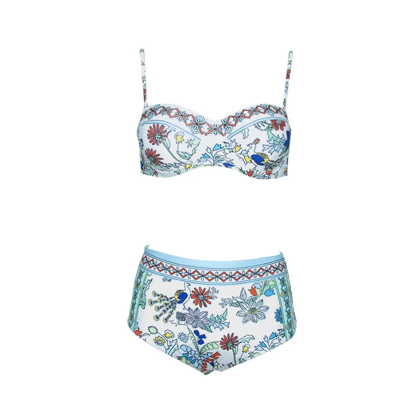 Ретро Цветочный пикантный женский купальник бандо Бохо купальный костюм женский бикини пуш-ап бикини с высокой талией купальники