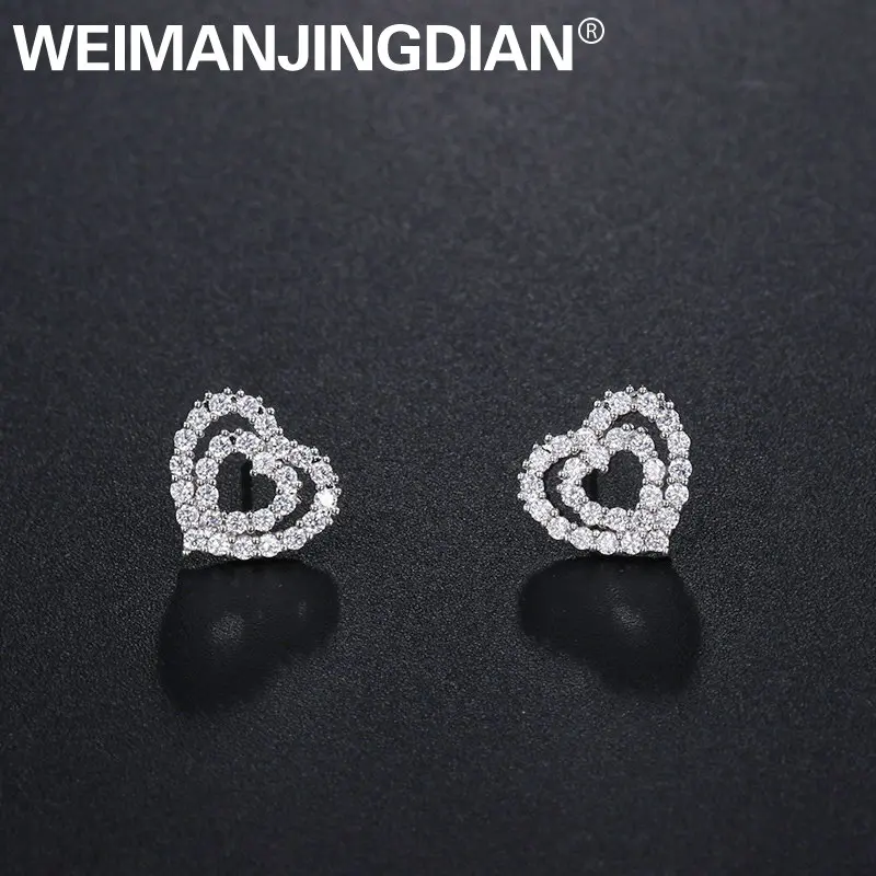 WEIMANJINGDIAN Новое поступление, серьги-гвоздики с фианитом и фианитом в форме сердца для женщин или свадебных невесты серебряного цвета - Окраска металла: Платиновое покрытие