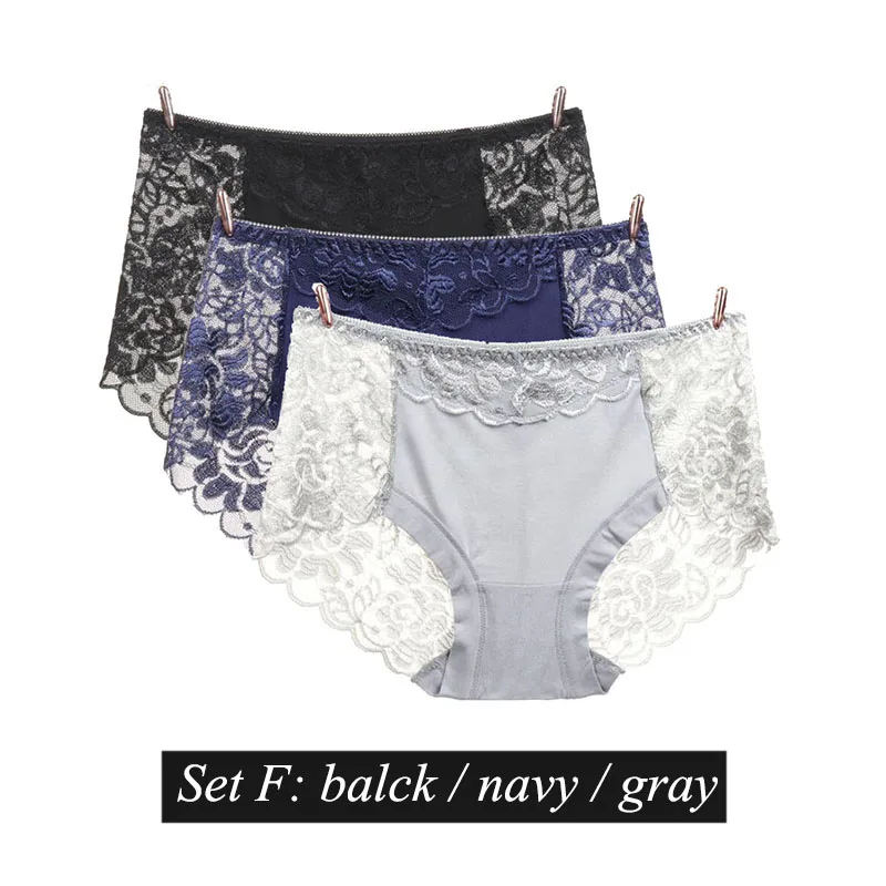 set F BllooBeell, 3 шт., однотонное женское нижнее белье, трусики для девушек, сексуальные кружевные трусы, с вырезом, со средней посадкой, дамское нижнее белье, модал, большой размер XXXL - Цвет: set F