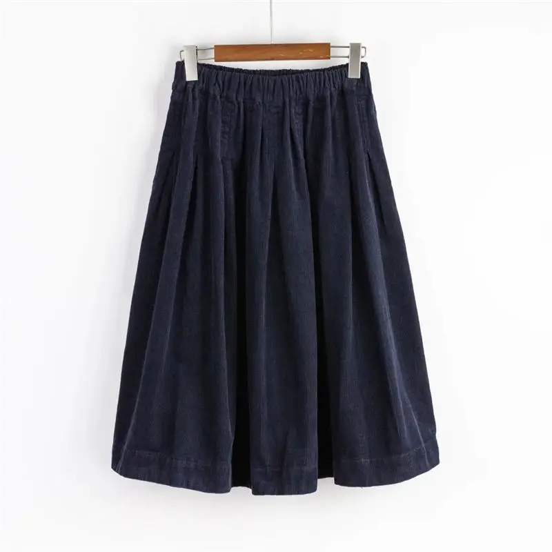 Dark blue Винтажная Вельветовая юбка для женщин, Осень-зима, уличная одежда, высокая талия, длинные юбки, Faldas, модные повседневные вельветовые юбки для девушек Q838 - Цвет: Dark blue