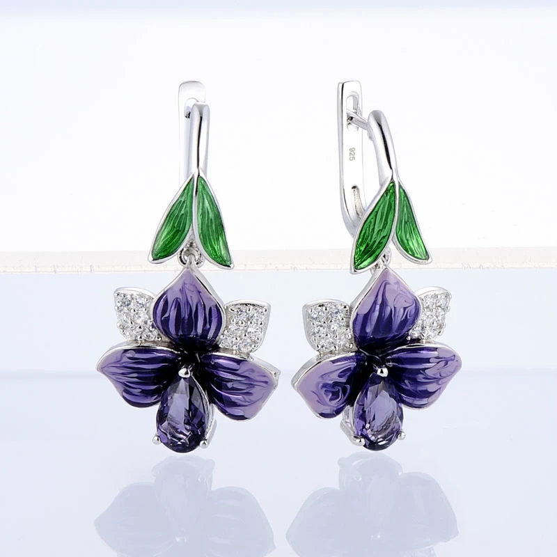 earring 925 пробы, серебряные серьги в виде цветка, женские серьги в форме груши, фиолетовый камень и фиолетовая эмаль, ювелирные изделия для женщин для свадебной вечеринки - Окраска металла: earring
