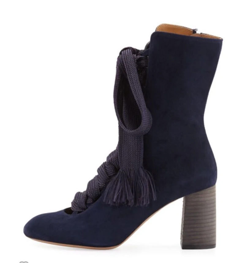 Новый дизайн женские ботильоны из натуральной кожи на шнурках с закругленным