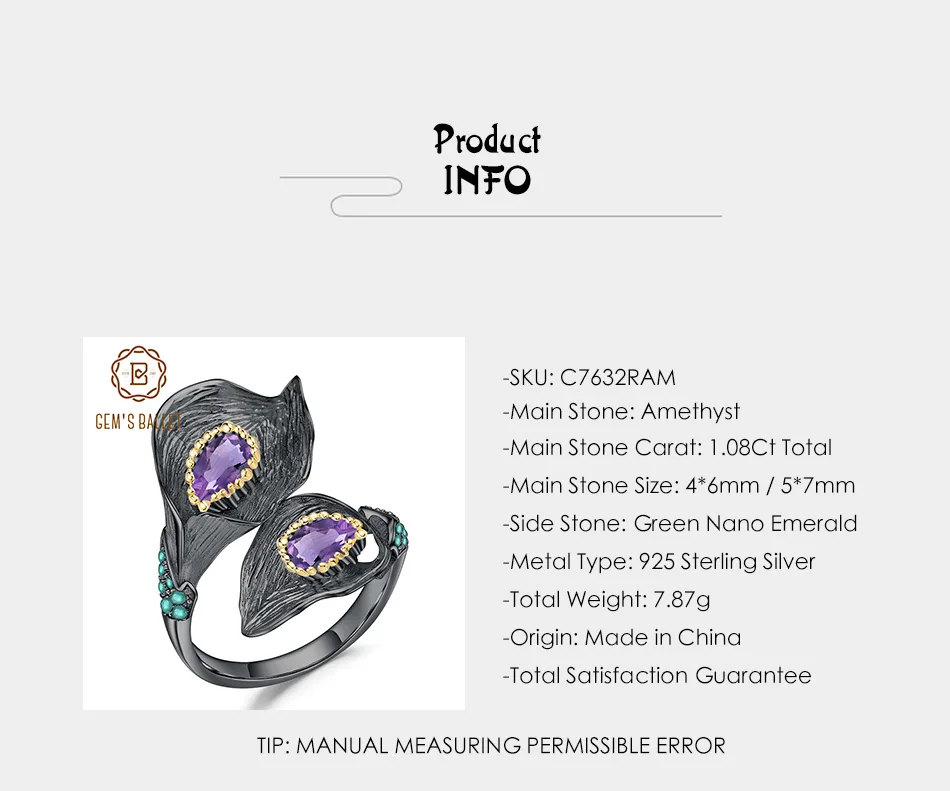 GEM'S BALLET 1.08Ct натуральный аметист Калла цветок лилии кольцо ручной работы дизайн 925 пробы Серебряное регулируемое кольцо для женщин Bijoux