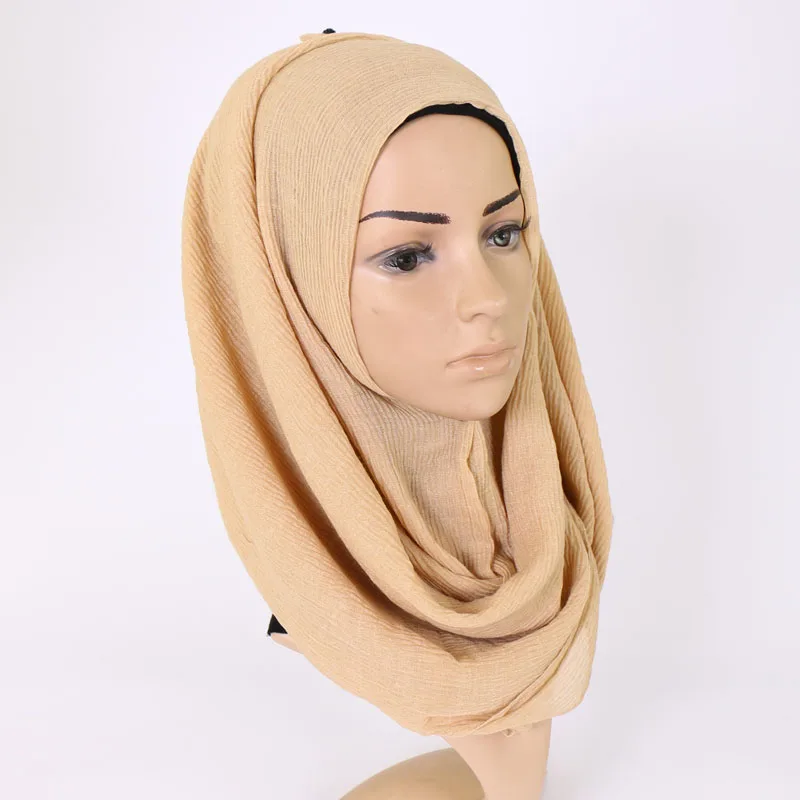Женские однотонные рельефная мягкая Hijab шарф Мусульманский складки шарфы хлопок обертывания шали эластичный ободок длинные шарфы 180*90 см, 18 цветов