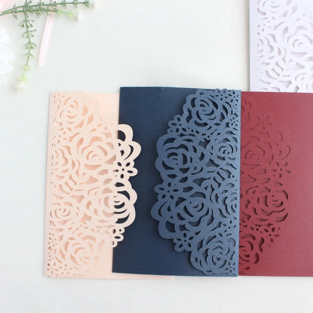 Серебряные конверты для приглашений роза лазерная резка тройной карман сельская