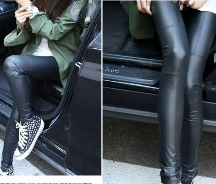 Весенне летние кожаные леггинсы женские черные Капри узкие брюки модные