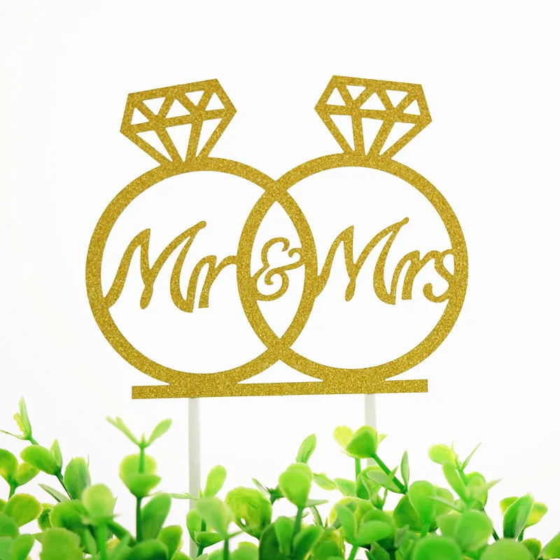 gold АЛМАЗНОЕ КОЛЬЦО Mr& Mrs свадебный торт Топпер Блестящий флажки для торта свадебные Помолвочные вечерние декор для выпечки торта свадебные флажки для торта - Цвет: gold