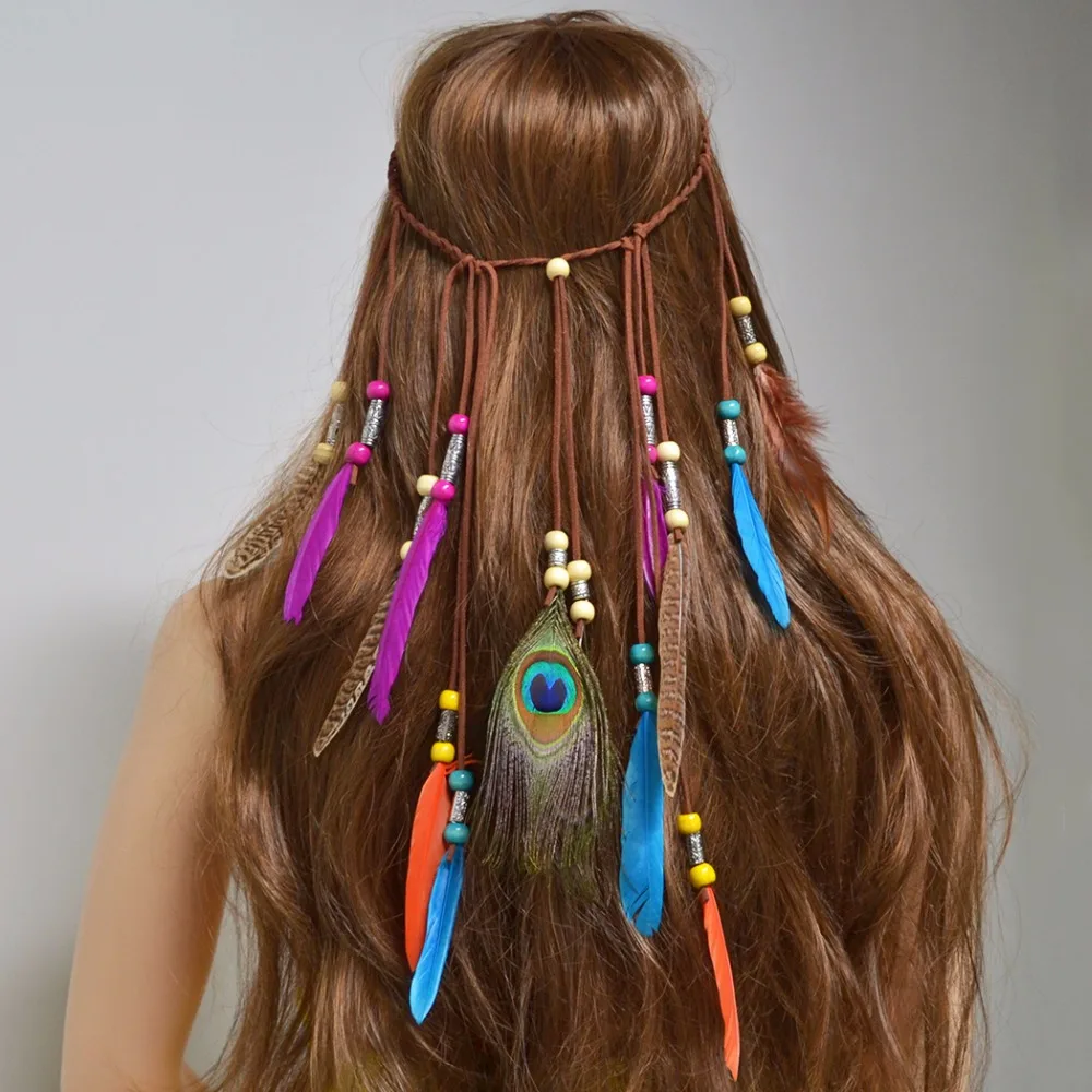 

Colorful Beads Feather Headband Hair Accessories For Women Indian Bohemian Ethnic Dirty Braid Hairband Hippie Festival Jewelry
