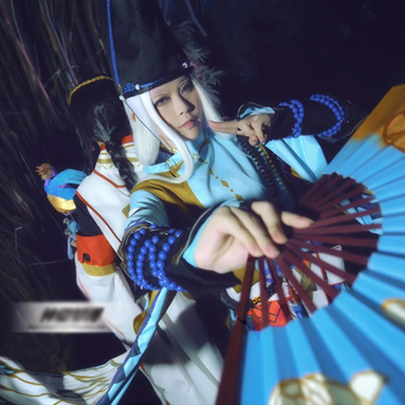 Аниме Onmyoji Abeno Seimei Косплей атласное кимоно белый синий костюм полный комплект