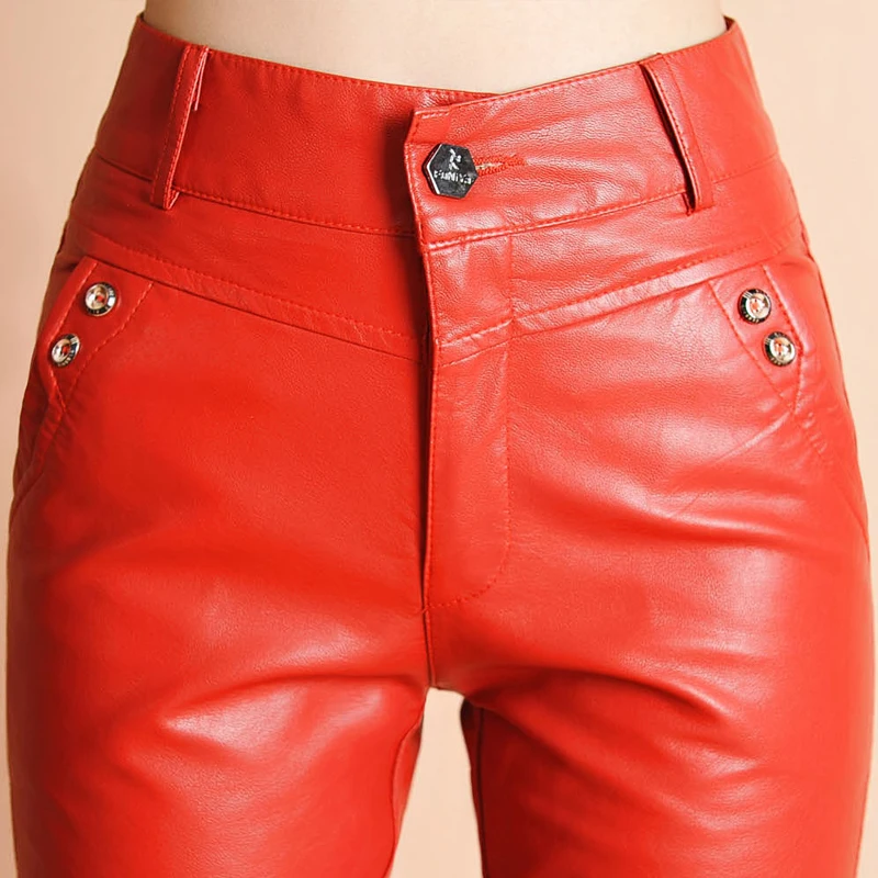 

Fashion Brand red color Pu leather pants winter autumn Spring Women's High Quality stretch was thin pencil Pants wq779 dropship