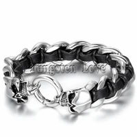 22cm punk stainless steel curb chain bracelet gothic mens skull black genuine leather braided bracelet pulseira de couro
