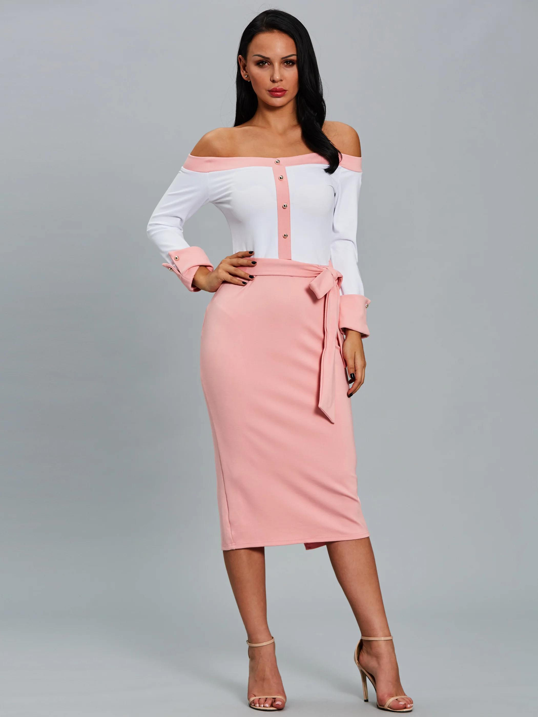 2018 весна лоскутное платье Женщины Смеси лук плюс размер Slash шеи рукавов длиной до