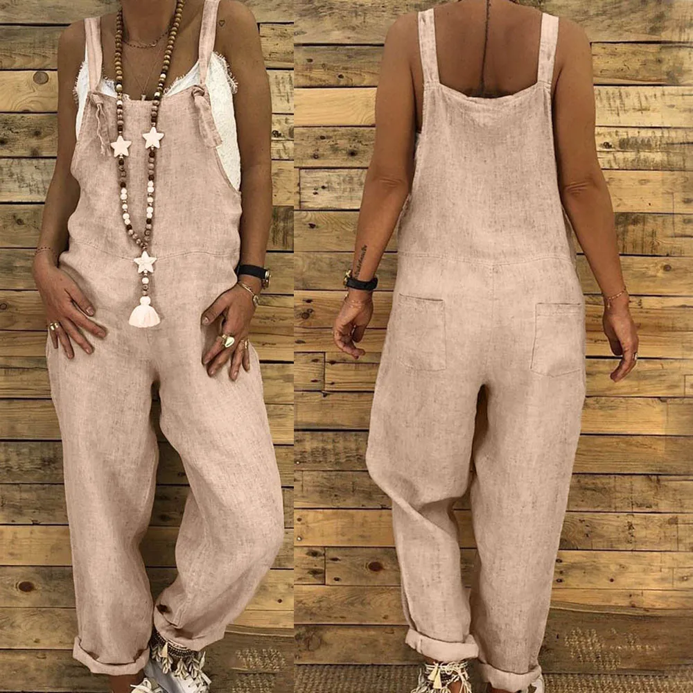Boho винтажный женский льняной длинный комбинезон шаровары Дамский офисный комбинезон Combinaison Femme# ss