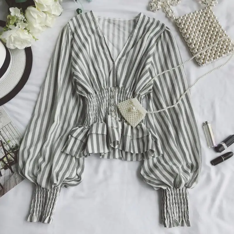 2019 spring women sweet girl Striped deep v neck elastic Puff Sleeve Waist Cake Ruffled Shirt Top | Женская одежда